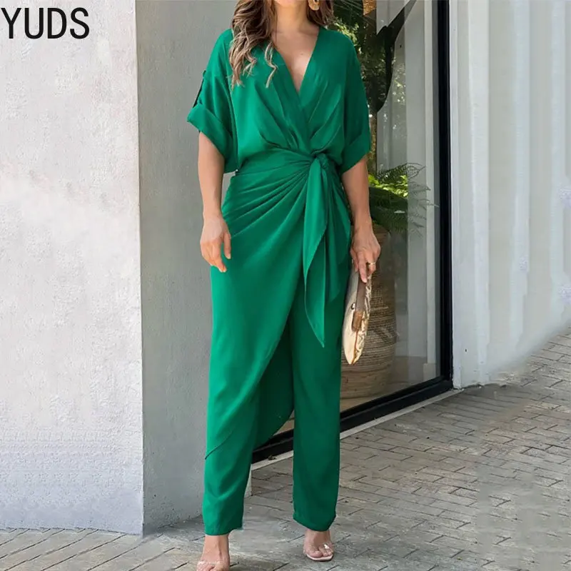 

YUDX Women Two Piece Set Autumn Fashion Solid V Neck Waist Pleated Lace Up Half Sleeve Casual Pants Sets High Streetwear