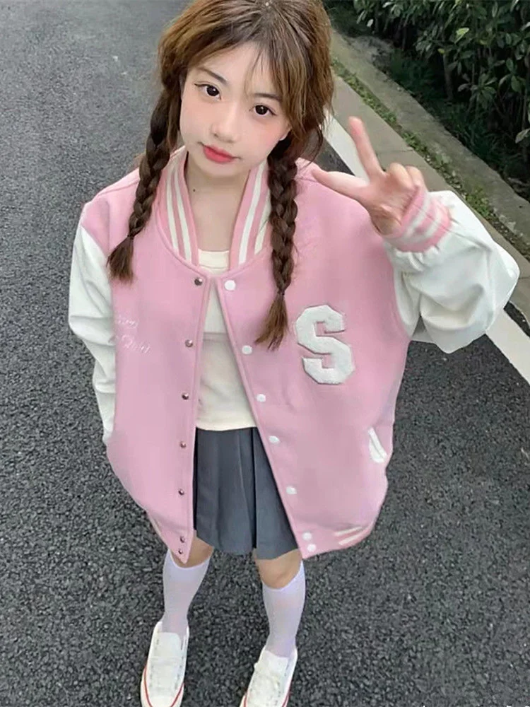 

Винтажная бейсбольная куртка розовая Женская Куртка Varsity jacketstoyo Kawaii весна-осень корейская мода уличная одежда мужская верхняя одежда пальт...