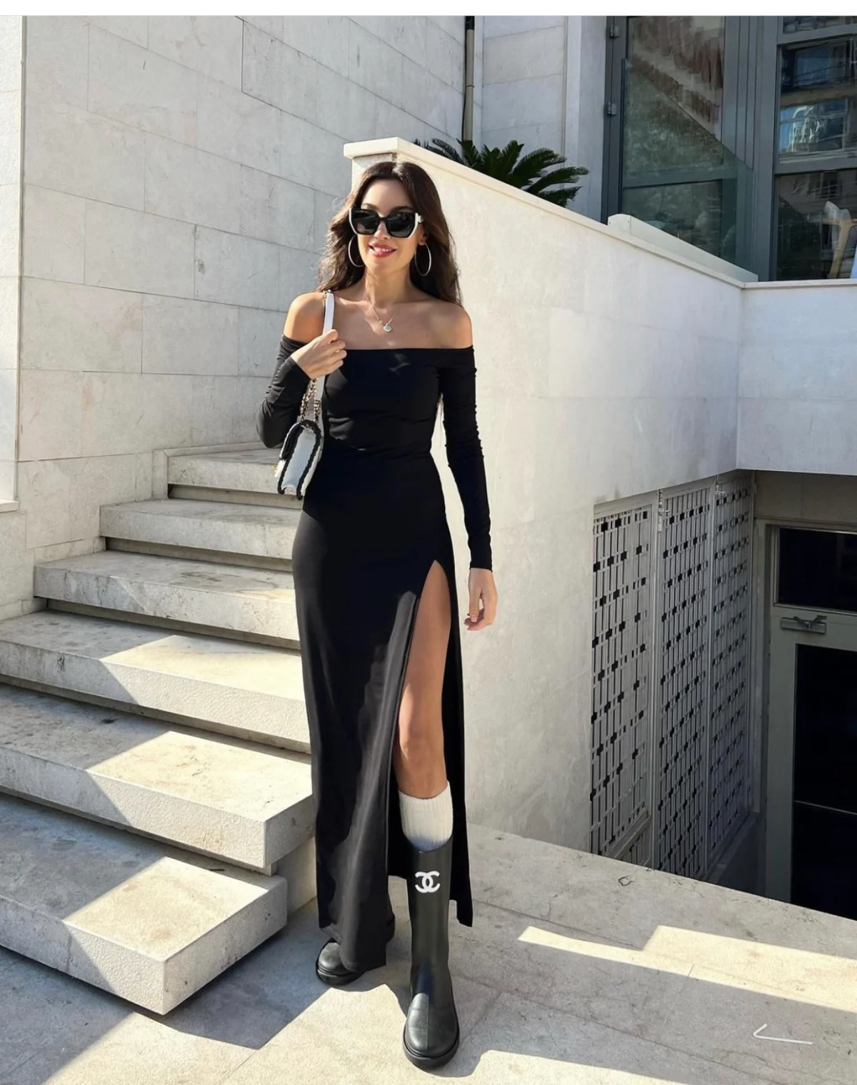 

New Women's 2023 Black Sexy Off Shoulder Split Long Stretch Tight Slim Over Knee Dress