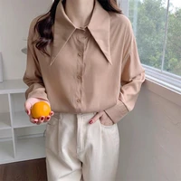 chiffon blouses spring fall women solid color big sharp collar shirts street lady office white top button up long sleeve blouse