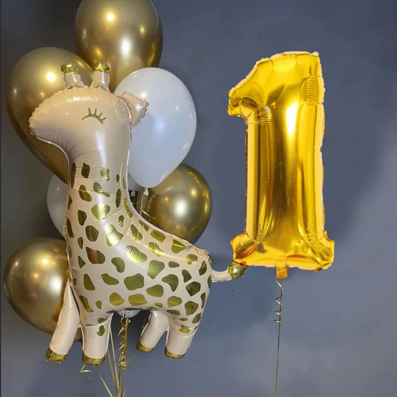 

11pcs/set Jungle Giraffe Deer Foil Balloons 32inch Gold Numbers Air Globos Forest Safari Themed Kids 1st Birthday Party Decors