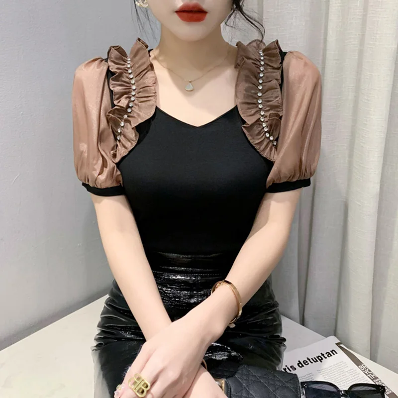 

Женская летняя футболка с коротким рукавом и V-образным вырезом