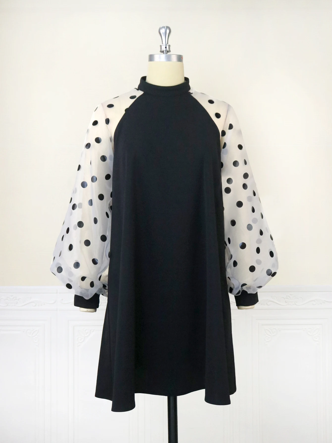 Plus Size Loose Dresses for Women Half High Neck Long Polka Dot Sleeve Casual Office Lady Evening Birthday Party Mini Gowns 4XL