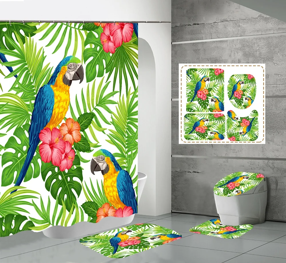 

Parrot Shower Curtain Sets Animal Kingfisher Birds Non-Slip Rug Toilet Lid Cover Bath Mats Tropical Leaves Flowers Bathroom Set