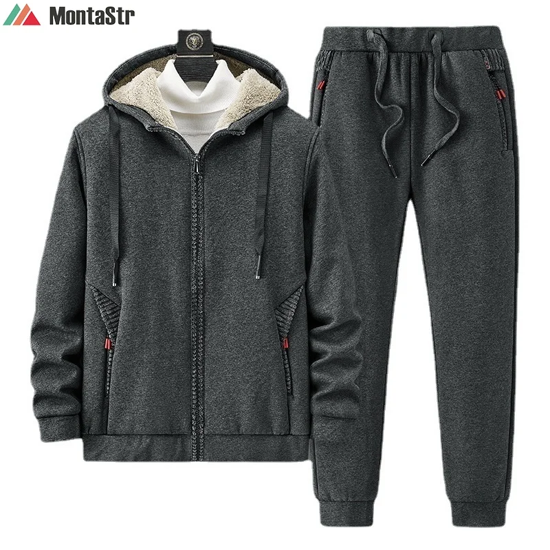 

2 pieces Thicken Hoodie + pants men's winter hoodie mens jacket Lamb cashmere plus velvet thick men's warm casual mens tracksuit