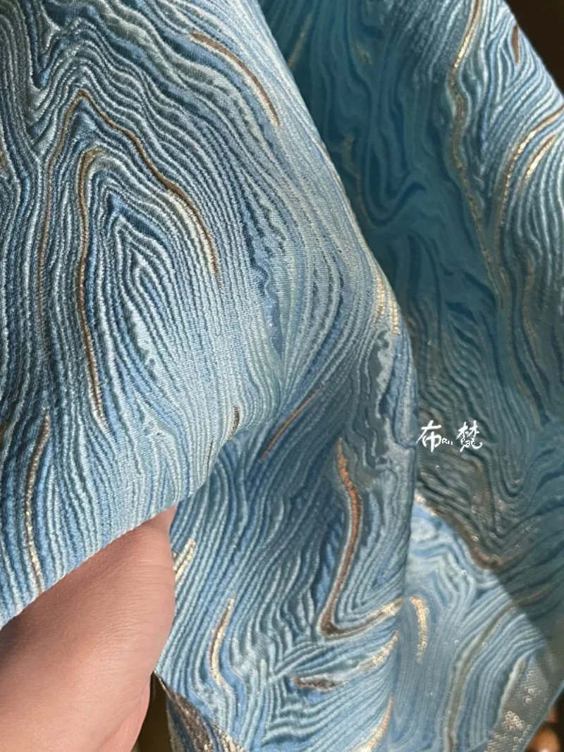 Трехмерная блестящая жаккардовая ткань синего цвета с текстурой океана