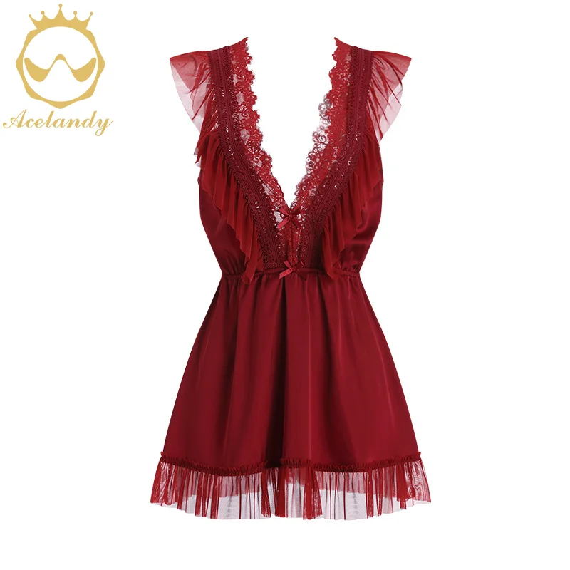 ACELANDY-Womens Sexy Sleepwear Deep V-Neck Nightdress Comfortable Casual Backless Nightgown Lace Pajama Bow Female Nightwear