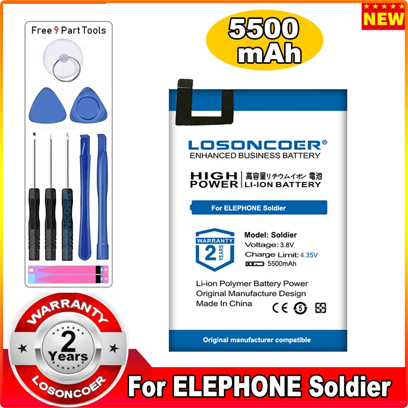 

LOSONCOER 5500mAh Mobile Phone Battery For ELEPHONE Soldier Phone 4GB 128GB IP68 Waterproof 5.5" 2K Screen