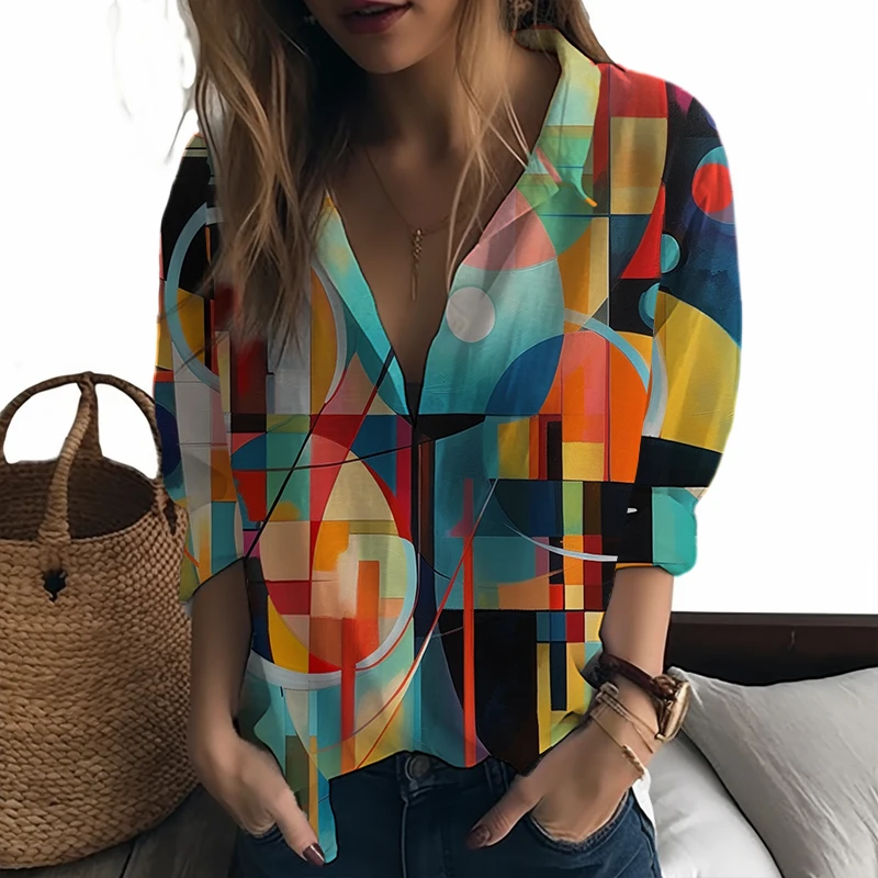 

2023 new lady shirt color stitching 3D printed lady shirt casual style ladies shirt fashion trend women's shirt