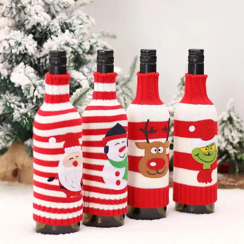 

Christmas Wine Bottle Dust Cover Red And White Striped Knitted Santa Claus 2022 Christmas Decorations For Home Table Decor