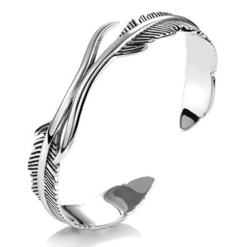 

Open Adjustable Tibetan Silver Color Bangle Feather Shape Cuff Bracelet Valentines Day Gift for Boyfriend Gift Accessories