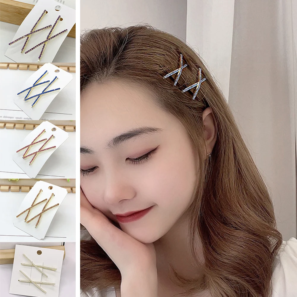 

2 PCS New Cross Crystal Hairpins Rhinestones Hair Clips Barrettes Simple Side Clip Bridal Headwear Girl Hair Accessories