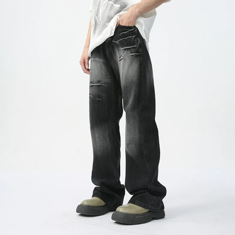 Мужские джинсы на молнии свободные прямые с эффектом потертости в американском