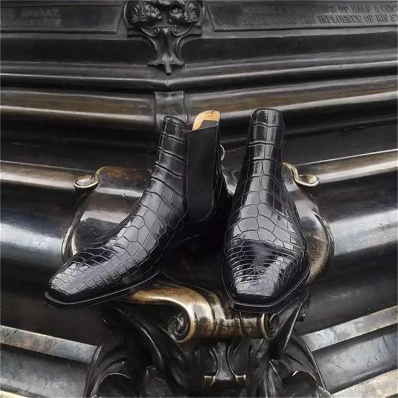 

Мужские ботинки челси из ПУ кожи, черные классические повседневные ботинки без шнуровки с ремешком под кожу крокодила, модель 8KH660, 2022