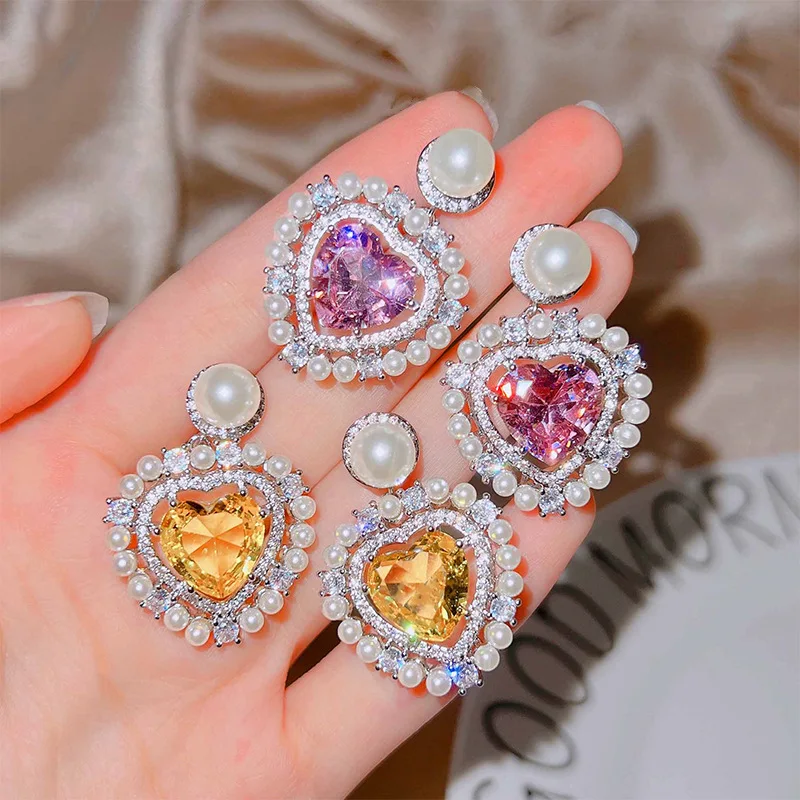 

New Zircon Peach Heart Drop Earrings Women Luxury Exaggerated Irregular Imitation Pearl Full Diamond Earrings Jewelry Gifts