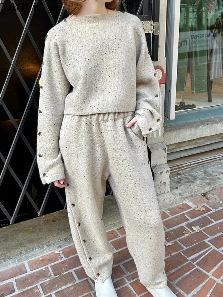 

TAOVK Women Sweaters Pants Two Pieces Sets Casual Slash Neck Buttons Dots Pullovers + Harem Pants Knit Sport Tracksuits Winter