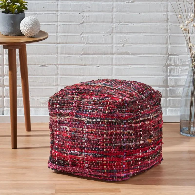 

Daniela Handcrafted Boho Fabric Pouf, Red Footstool Stuffed Bean Bag Footrest Floor Corner Seat Puff