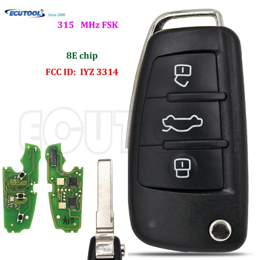 

ECUTOOL 3 Buttons Flip Remote Car Key 315mhz 315MHz IYZ-3314 8E Chip For Audi A6 S6 Q7 2004-2015 IYZ-3314 HU66