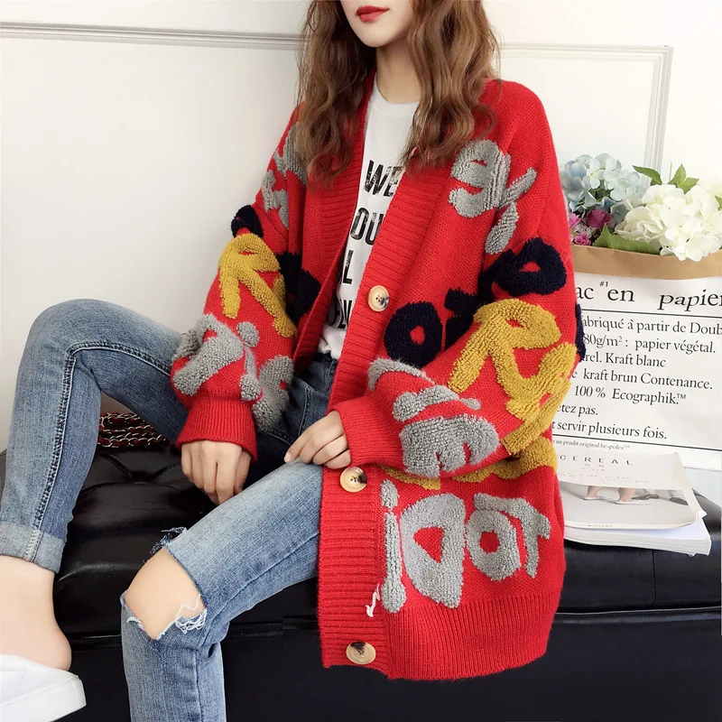 

Letter Embroidered Women Cardigan 2021 Autumn Winter New Korean Style Mid-length Loose Net Red Fashion Lazy Knit Jacket