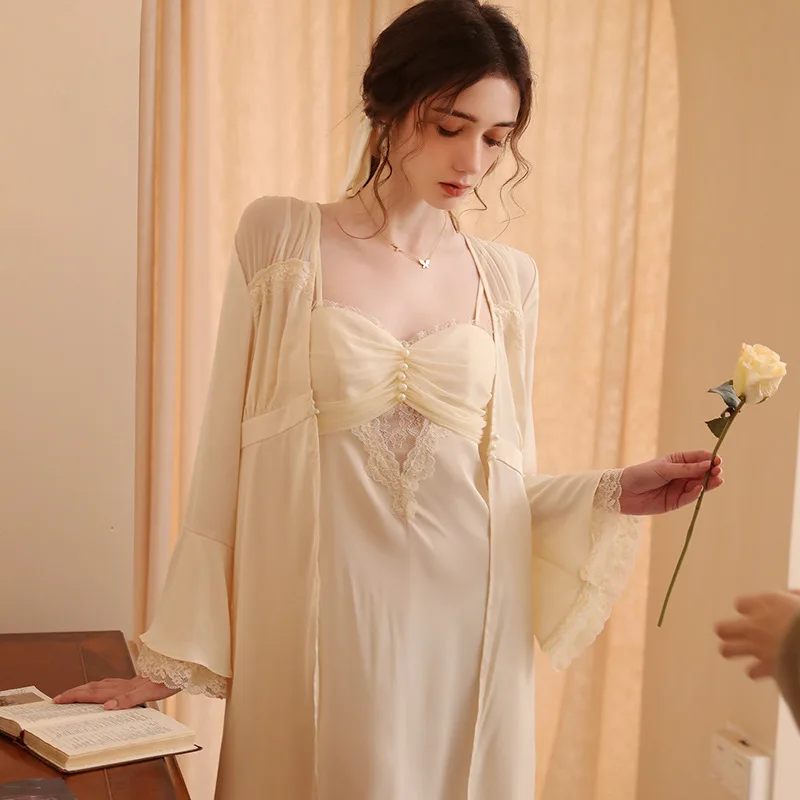 

Sexy Ice Silk Nightdress Two Pieces Spring Summer Cute Women Satin Robe Sets Nightwear Fairy Solid Color Full Sleeve Pijamas