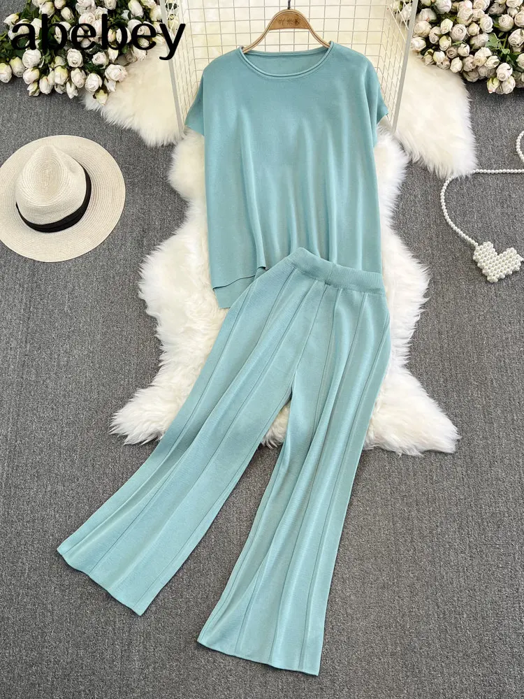

Summer Two Piece Loose T Shirt Women Tracksuit Fashion Knit Casual Short Sleeves Set Breathable Ladys Pant Suit