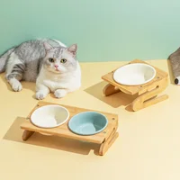 Cat Ceramic Bowl with Wood Stand Dog Elevated Double Food Water Feeder Bowl Pet Drinking Eating Feeding Accessories