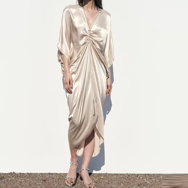

Ruched Long Dresses For Women 2023 Satin Midi Dress Woman Drawstring Pleated Summer Dress Women Evening Party Dresses