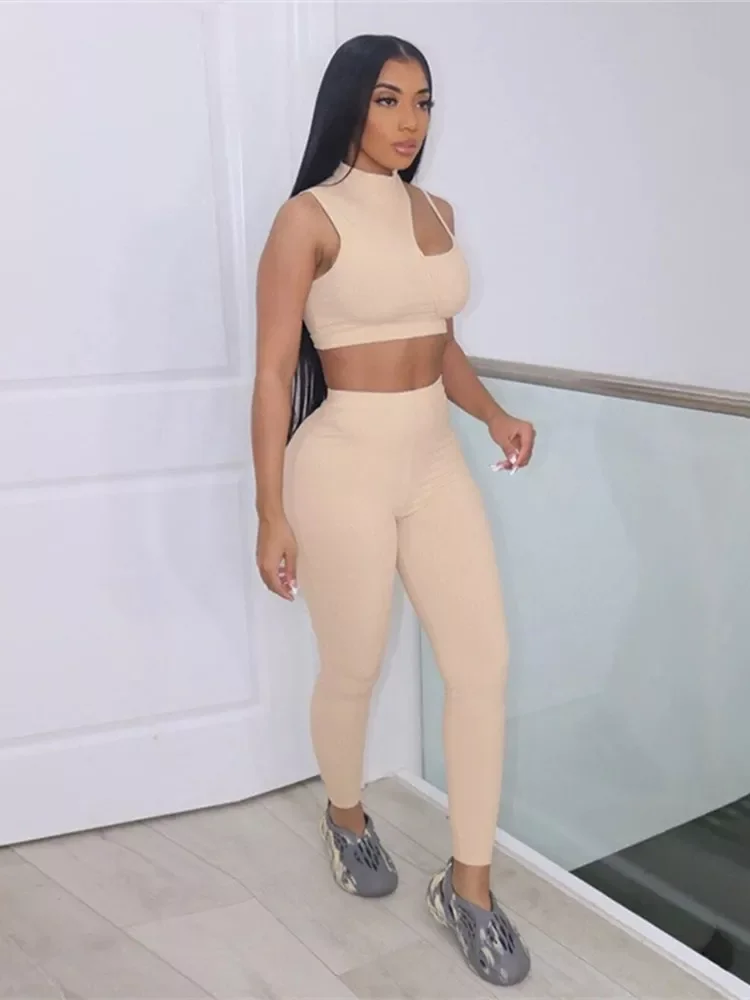 

Solid Ribbed Two Piece Set Women Sexy Mock Neck Sleeveless Hollow Out Crop Tops+ Simple Sporty Pants Outfits