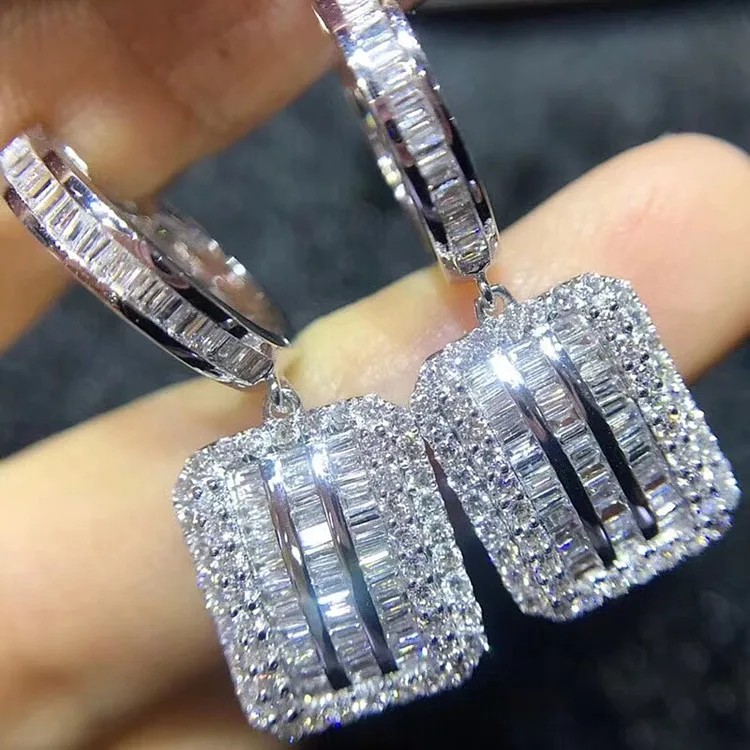

New Korean Earrings Bling Bling Zircon Silver Color Square Earrings For Women 925 Stamp Elegant Bridal Wedding Fashion Jewelry