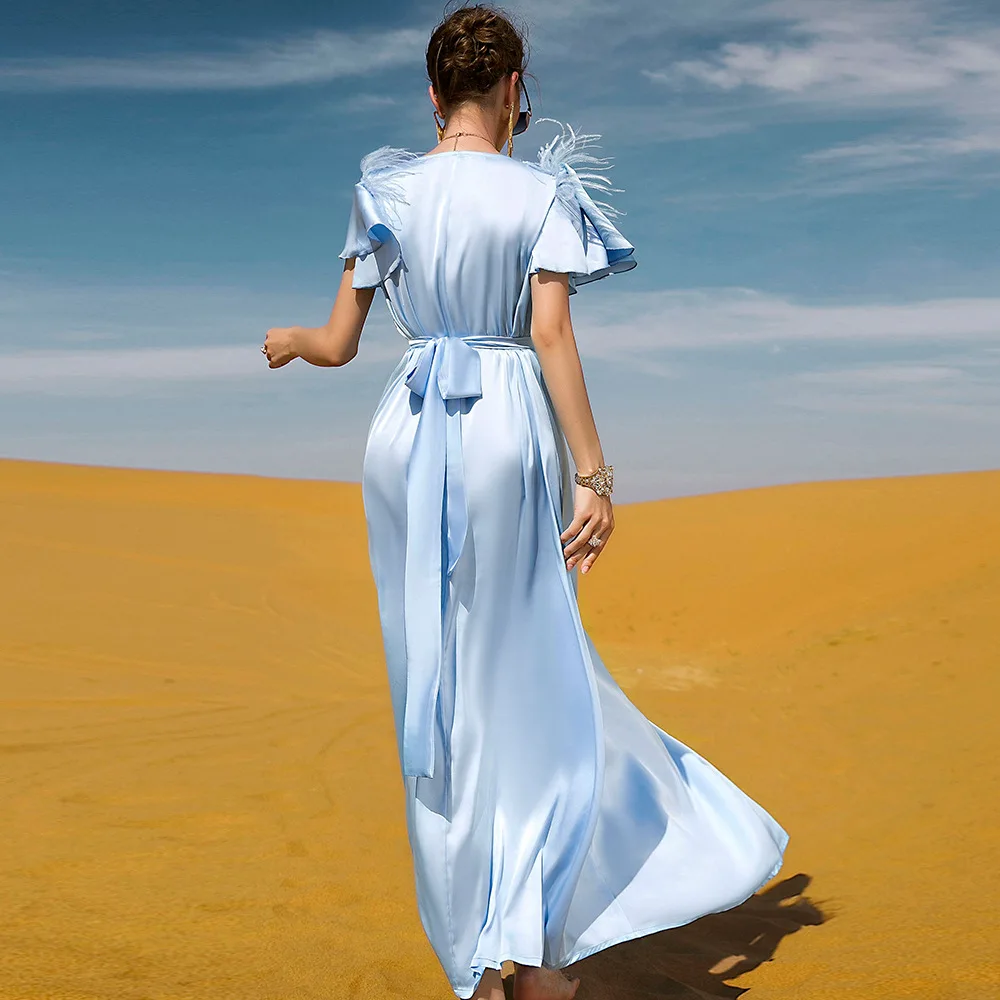 Muslim Long Dress Light Blue Satin Dress Hand Sewn Drill Muslim Style Women Festive Dress Islamic Robe National Dress Abaya Robe