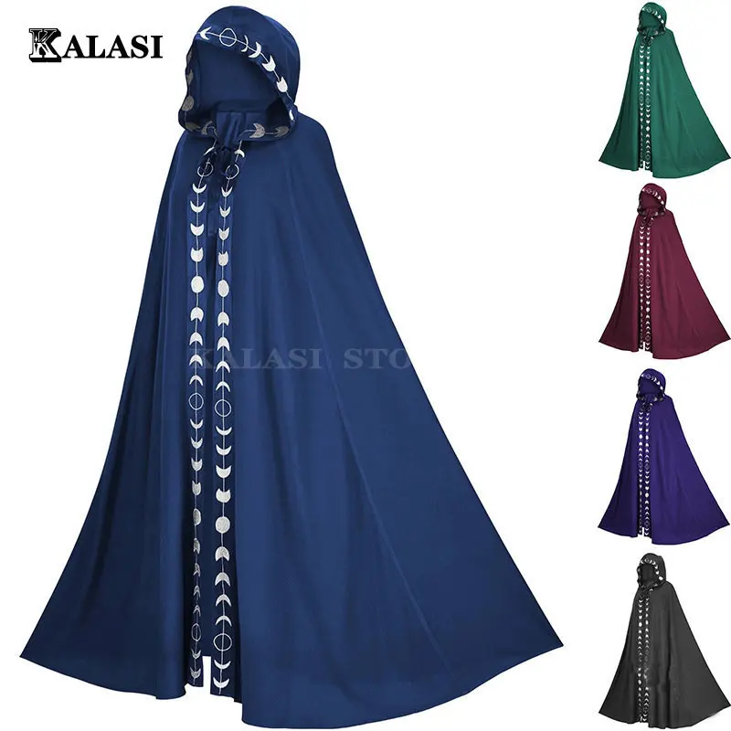 

Medieval Man Women Cloak Halloween Moon Print Wizard Cosplay Costume Long Gothic Knight Hooded Cape Witch Ponchos Plus size 5XL