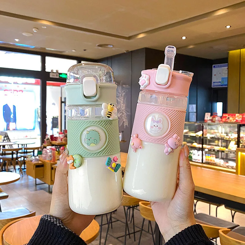 

560ml Kawaii Water Bottle with Straw Cartoon Leak Proof Cup for Student Kids Girls Transparent Drink Bottles for Sports Fitness