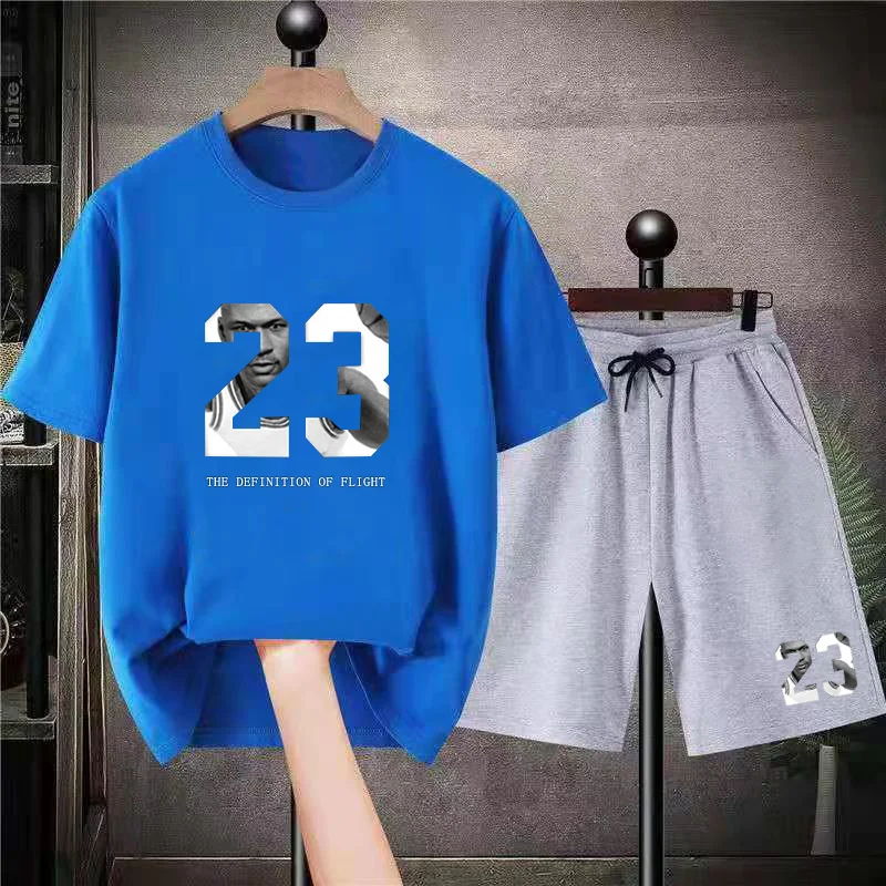 Kaus Olahraga Gambar Cetak Pria Celana Pendek Set 2 Buah 100% Katun Baju Olahraga  Lengan Pendek Celana Olahraga  Streetwear