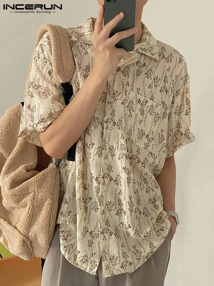 

Men Printing Shirt Lapel Short Sleeve 2022 Button Summer Pockets Camisas Streetwear Korean Casual Men Clothing S-5XL INCERUN