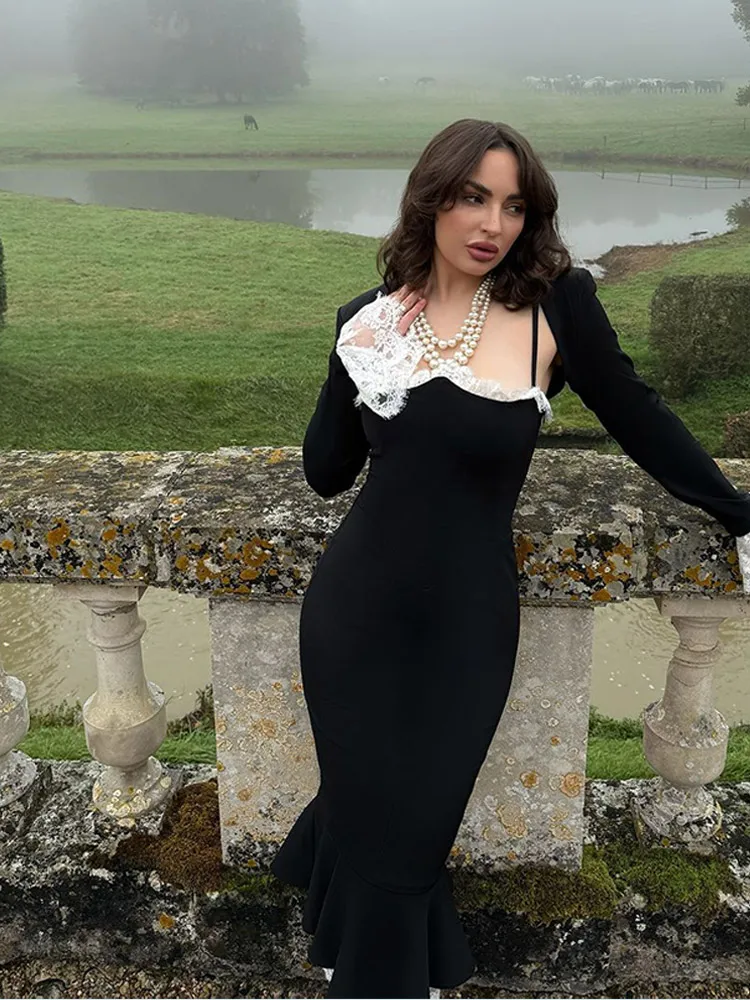 Осеннее винтажное бархатное черное платье для женщин шикарное облегающее
