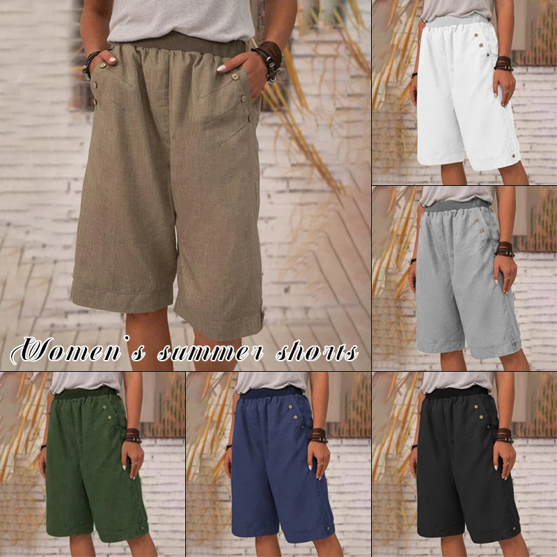 Women Elastic Waist Shorts Pants Button Chic Half Capris Trousers Summer Beach Travel Grunge Pants Lady Half Straight Pants