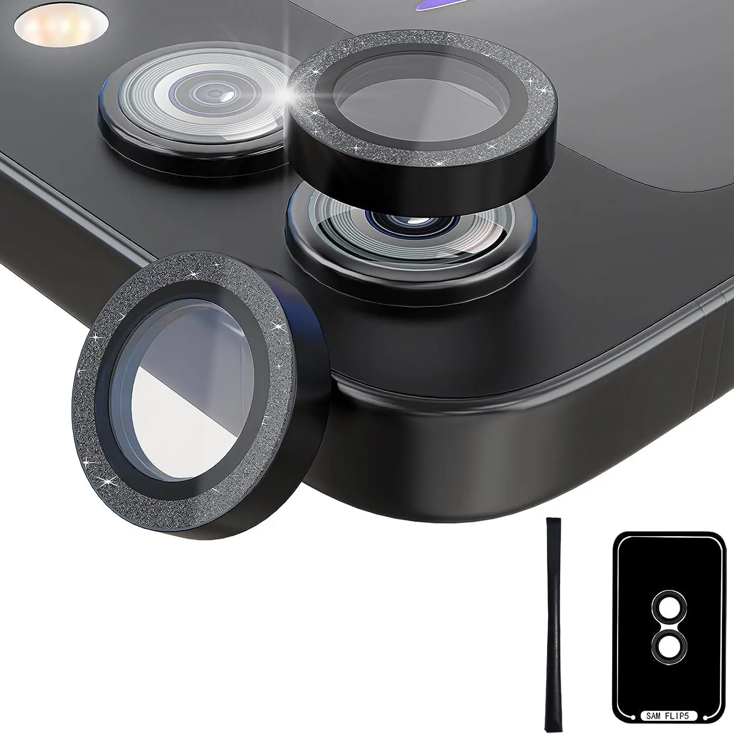 

for Galaxy Z Flip 5 Camera Lens Protector Bling Glitter Aluminium Alloy Ring 9H Tempered Glass Camera Cover for Galaxy Z Flip 5