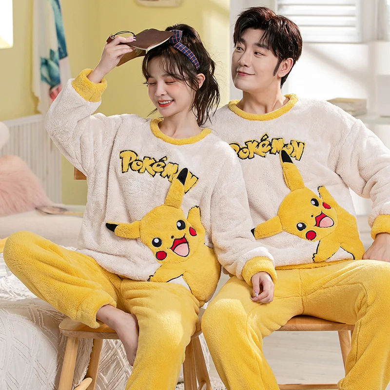 Flannel Plush Winter Couple Pajama Sets Long Sleeve O-Neck Pyjamas For Women Men Lovers Clothing Sweet Cartoon Coral Velvet Suit