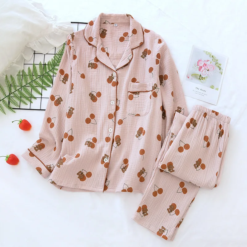 Cartoon Lapel Pajamas Lady Washed Crepe Spring Thin Double Gauze Home Clothes Cotton Suit Two Piece Set Summer  Clothing Women
