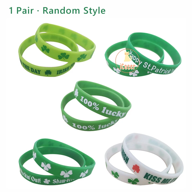 

1 Pair St Patricks Day Bracelet Saint Patrick Costume Props Irish Shamrock Clover Good Luck wristband Silicone Bracelet Carnival