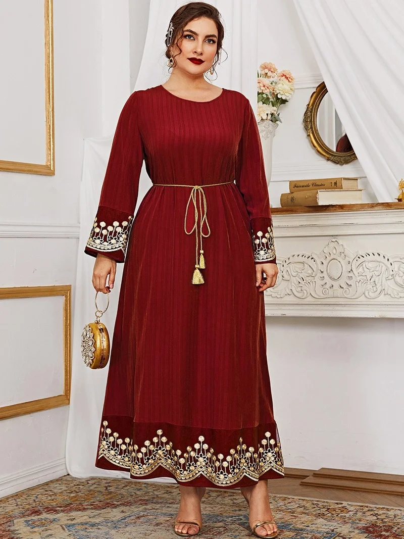 

Dress Plus Size Women Urban Casual Long Sleeve Ethnic Vintage Lace Embroidery Sequined Robe Muslim Feminine Clothes With Belt
