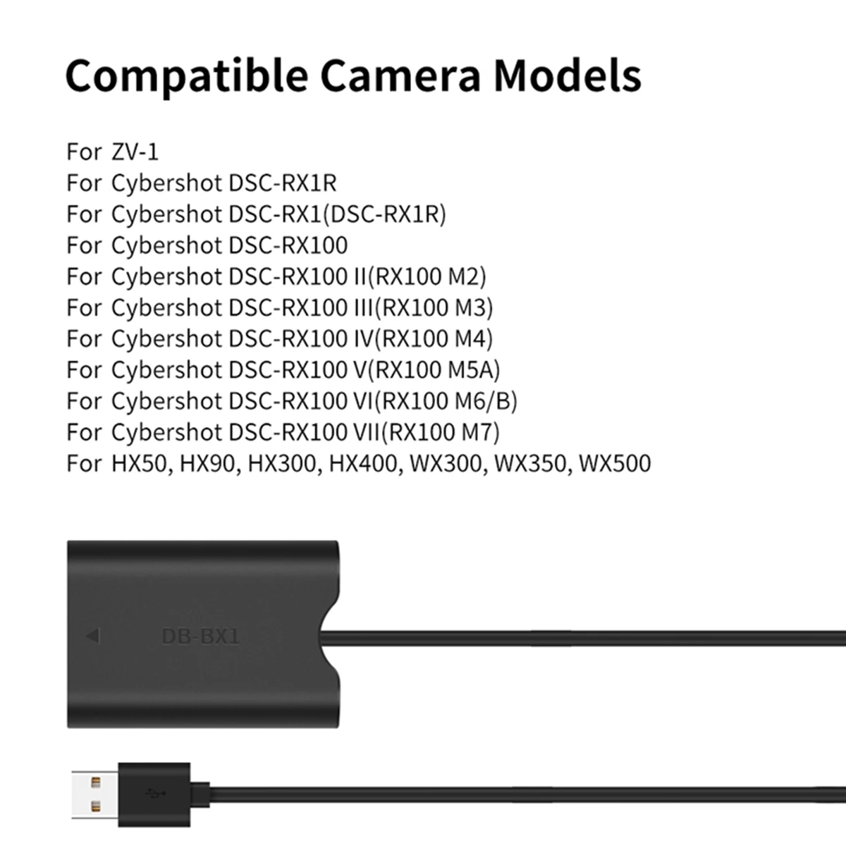 Фото GZMO NP-BX1 Фиктивный аккумулятор с адаптером питания USB-A Соединитель постоянного тока для камеры Sony ZV-1 RX100 M7 M6 M5 RX1R HX50 HX90 HX300 HX400 №5