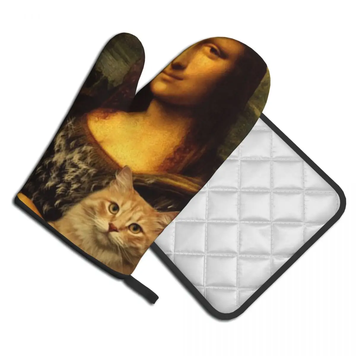 

Mona Lisa Holding A Cat Crazy Cater Kitchen Glove fun mona lisa Heat Resist Hot Oven Bowl Mitten Pot Holder BBQ Bakery Mitts Set