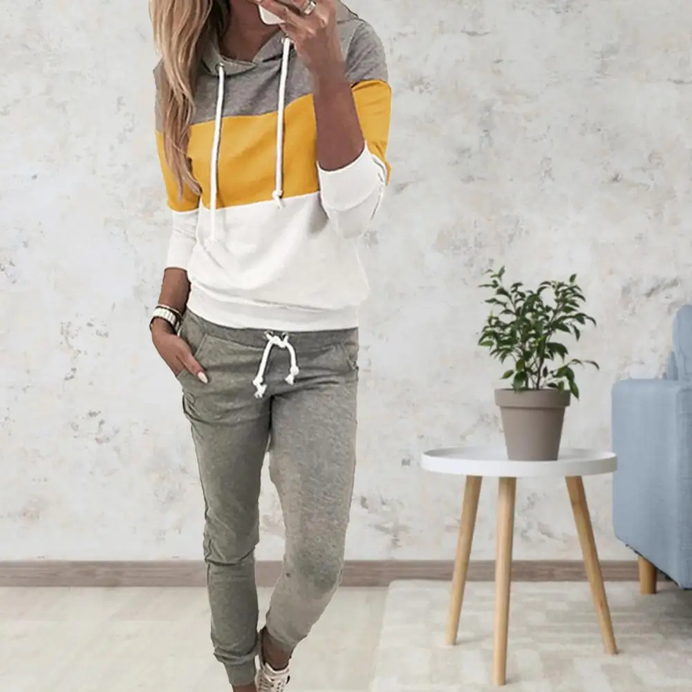 

2Pcs/Set Hoodie Sweatpants Set Fashion Lady Winter Color Block Slim Hoodie Sweatpants Set 3D Cutting Casual Outfit