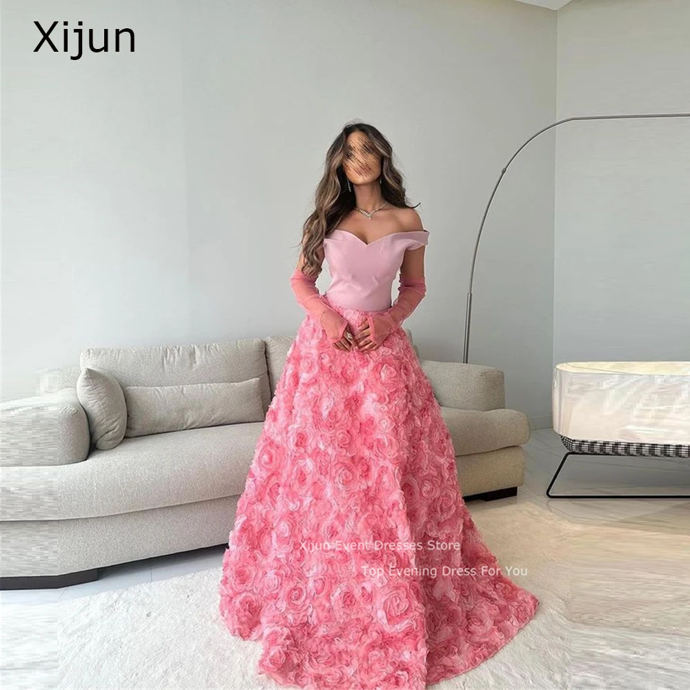 

Xijun Pink 3D Flower Evening Dresses Gogerous Long A-Line Prom Gowns Saudi Arabric For Women Prom Dresses Party Dresses 2023