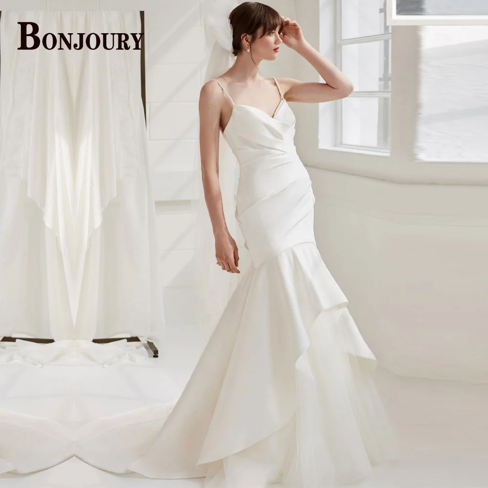 

BONJOURY Trumpet Wedding Dresses 2023 For Women Pleate V-Neck Buttons Bride Vestido De Noiva Made To Order Appliques Formal