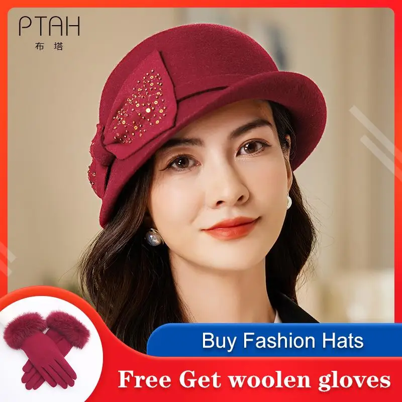 

[PTAH] 100% шерстяные шляпы федоры, женские темпераментные элегантные церковные осенне-зимние женские шерстяные шляпы высокого качества