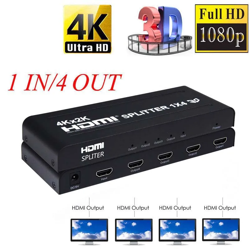 

4Kx2K HD 1080P 4K 30Hz 1X4 HDMI Splitter 1x2 Converter Distributor 3D 1 In 4 Out 2 Output for PS3 PS4 XBOX PC DVD To TV HDTV