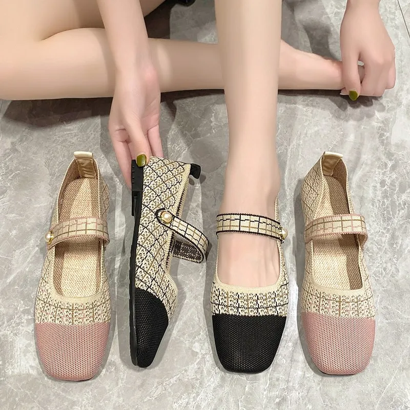 

Туфли женские вязаные в Корейском стиле, удобные дышащие Туфли Мэри Джейн, квадратный носок, плоская подошва, повседневная обувь