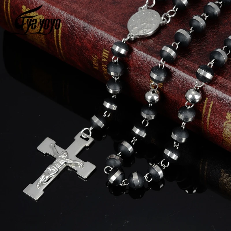 

Beaded Chains Rosary Necklaces Stainless Steel Cross Pendant Catholic Necklace Religion Accessories for Women/Men